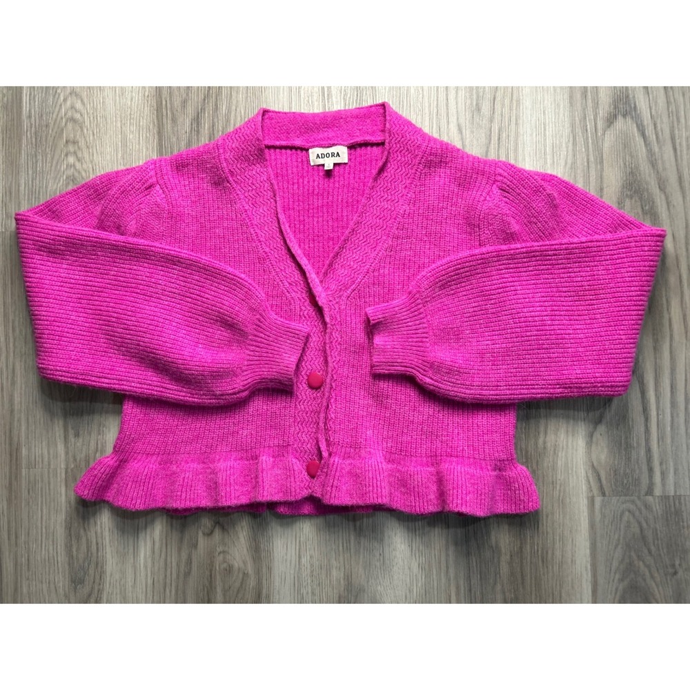 ADORA Pink Knit Ruffle Hem Cardigan Sweater Puff Sleeve Women's Size S